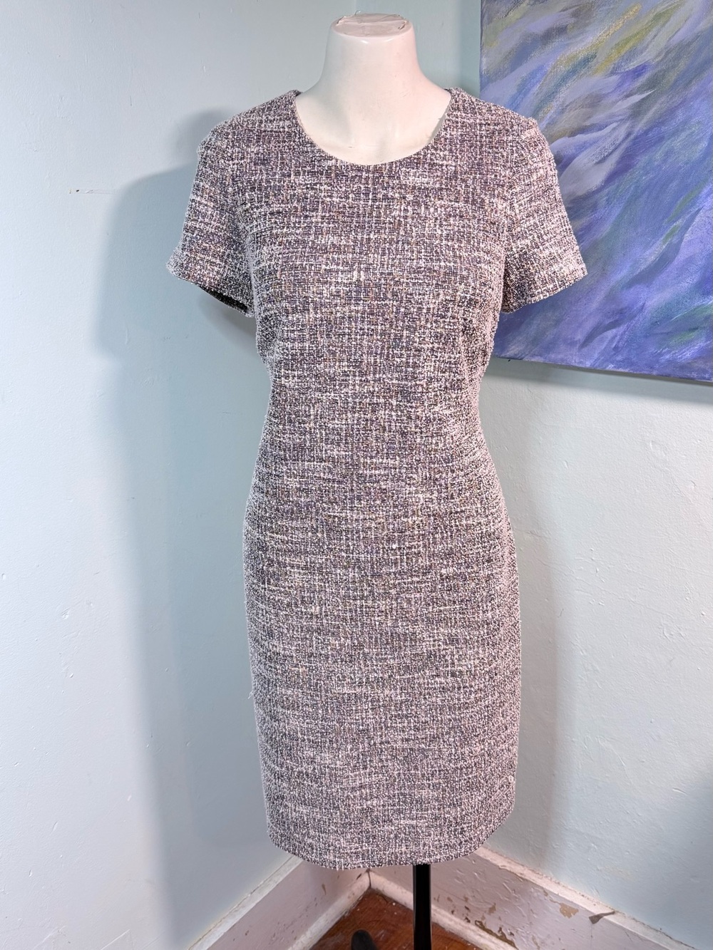 Calvin Klein Gray Tweed Short-Sleeve Midi Sheath Dress SIZE 8